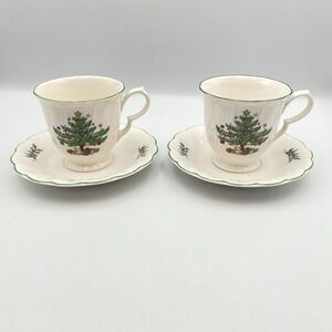 Vintage Nikko Happy Holidays Tea Cups & Saucers Set of 2 Japan 1980s